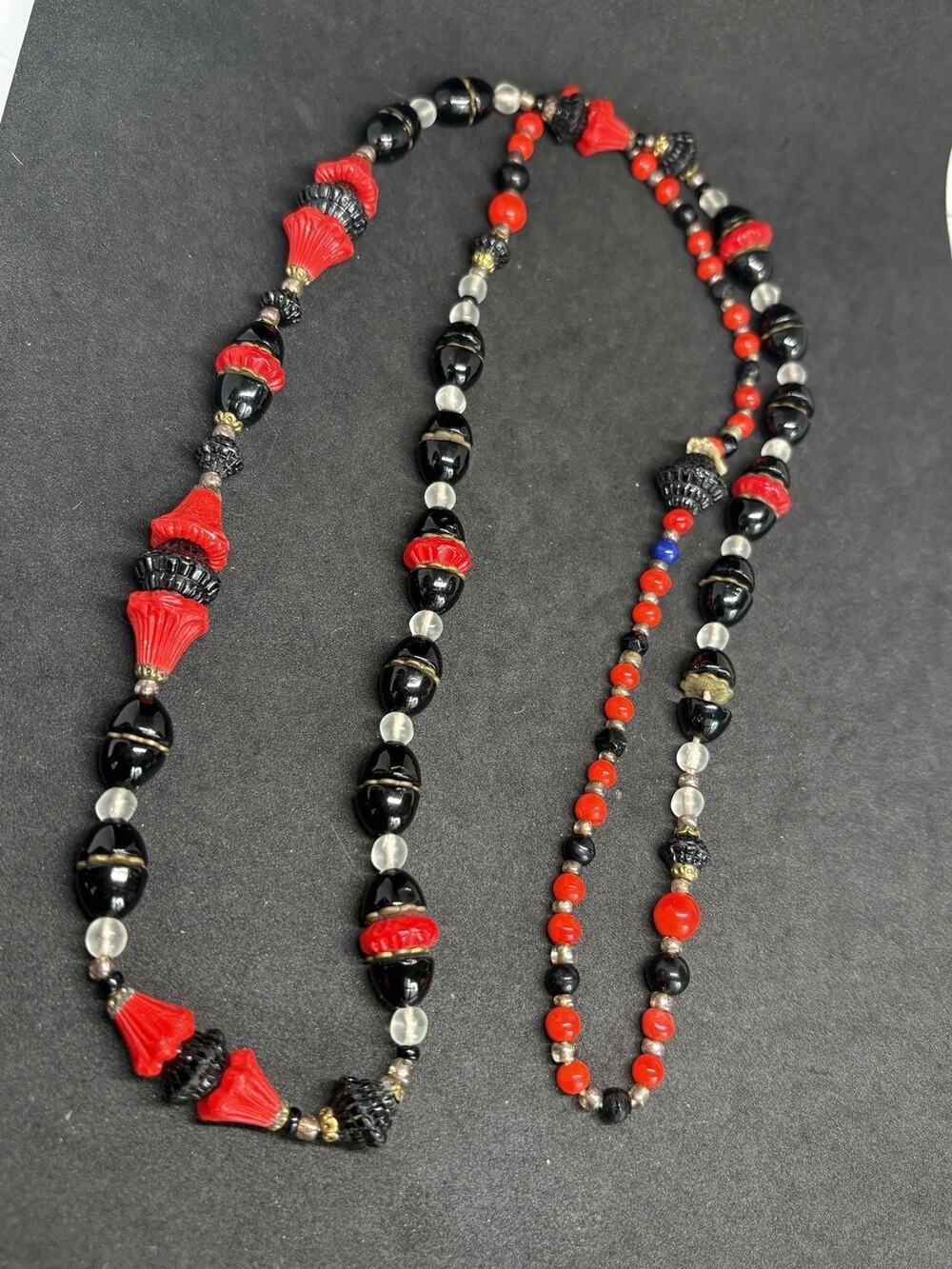 ANTIQUE ART DECO NEIGER BROS ？Red black CZECH GLASS 36” BEAD Flapper NECKLACE